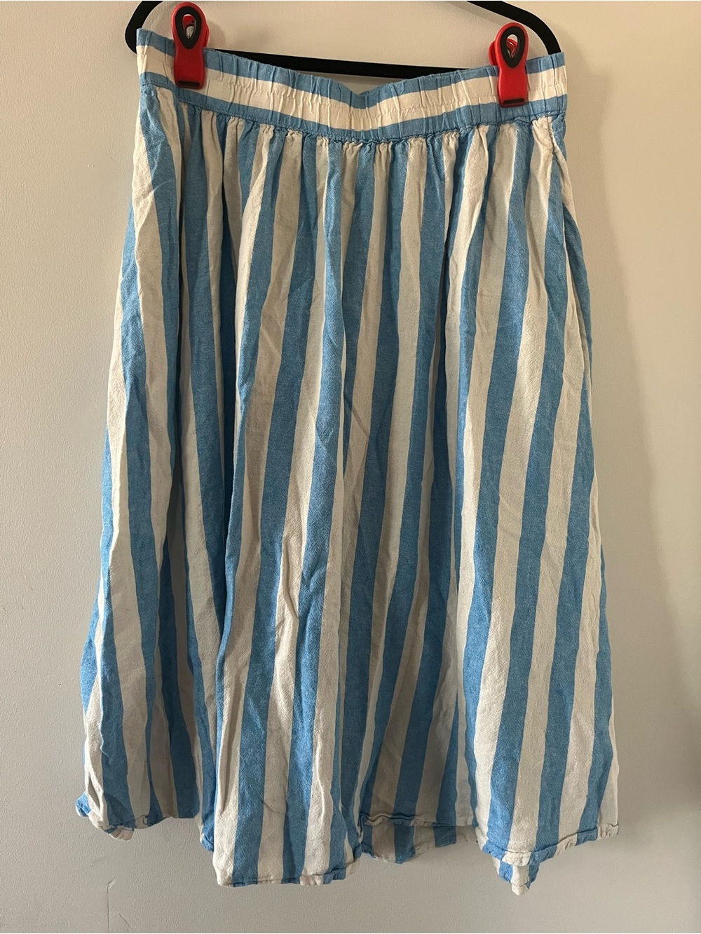 Blue Cream Striped Linen Blend Midi Skirt Large Coastal Beach Resort Euro Summer